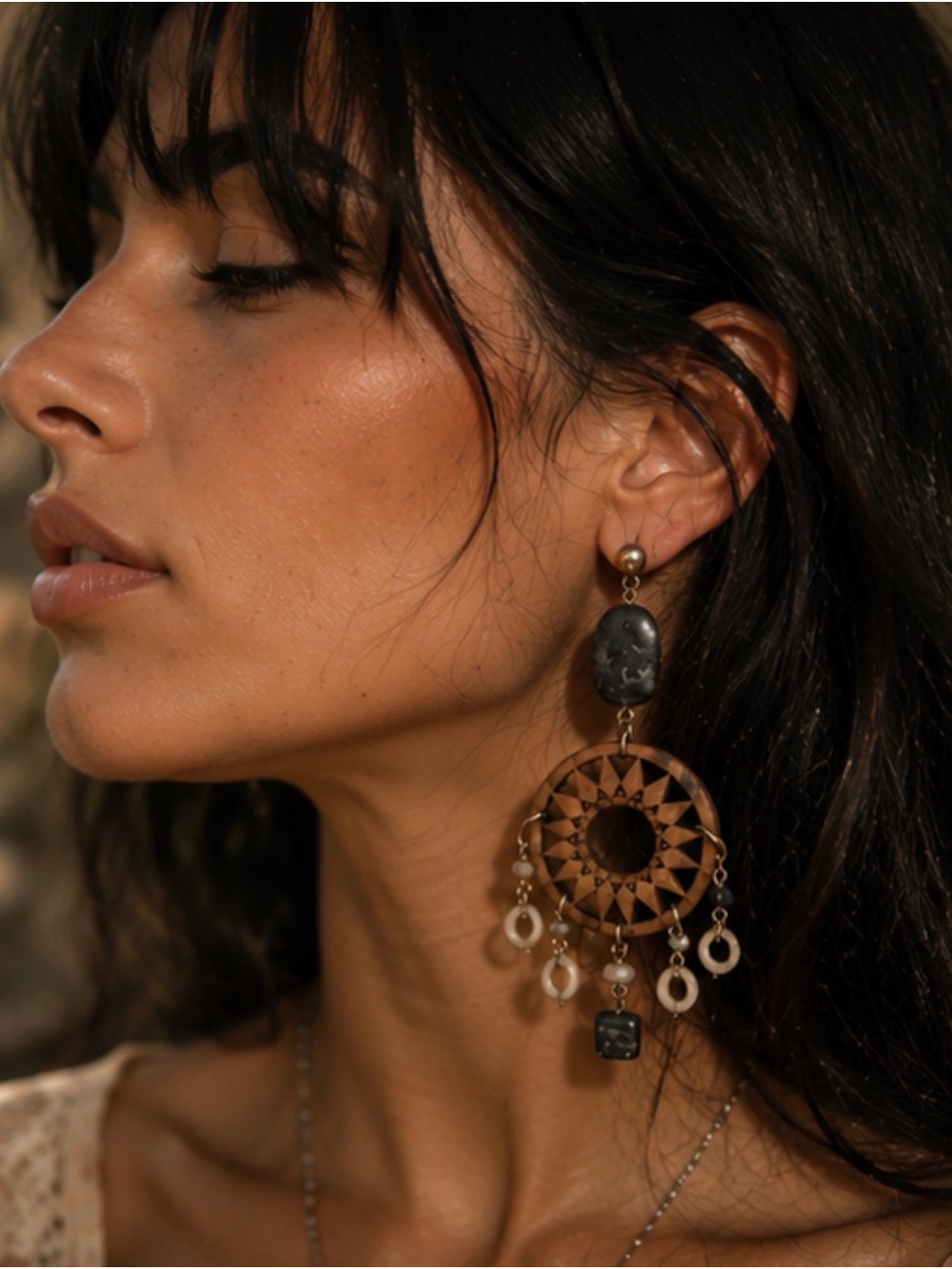 Bohemian Wood & Stone Statement Earrings - Picture 4 of 12